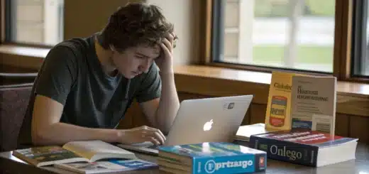 Étudiant(e) assis(e) à une table avec un ordinateur portable, plusieurs brochures de masters ouvertes, l’air pensif, entouré de livres de langues.